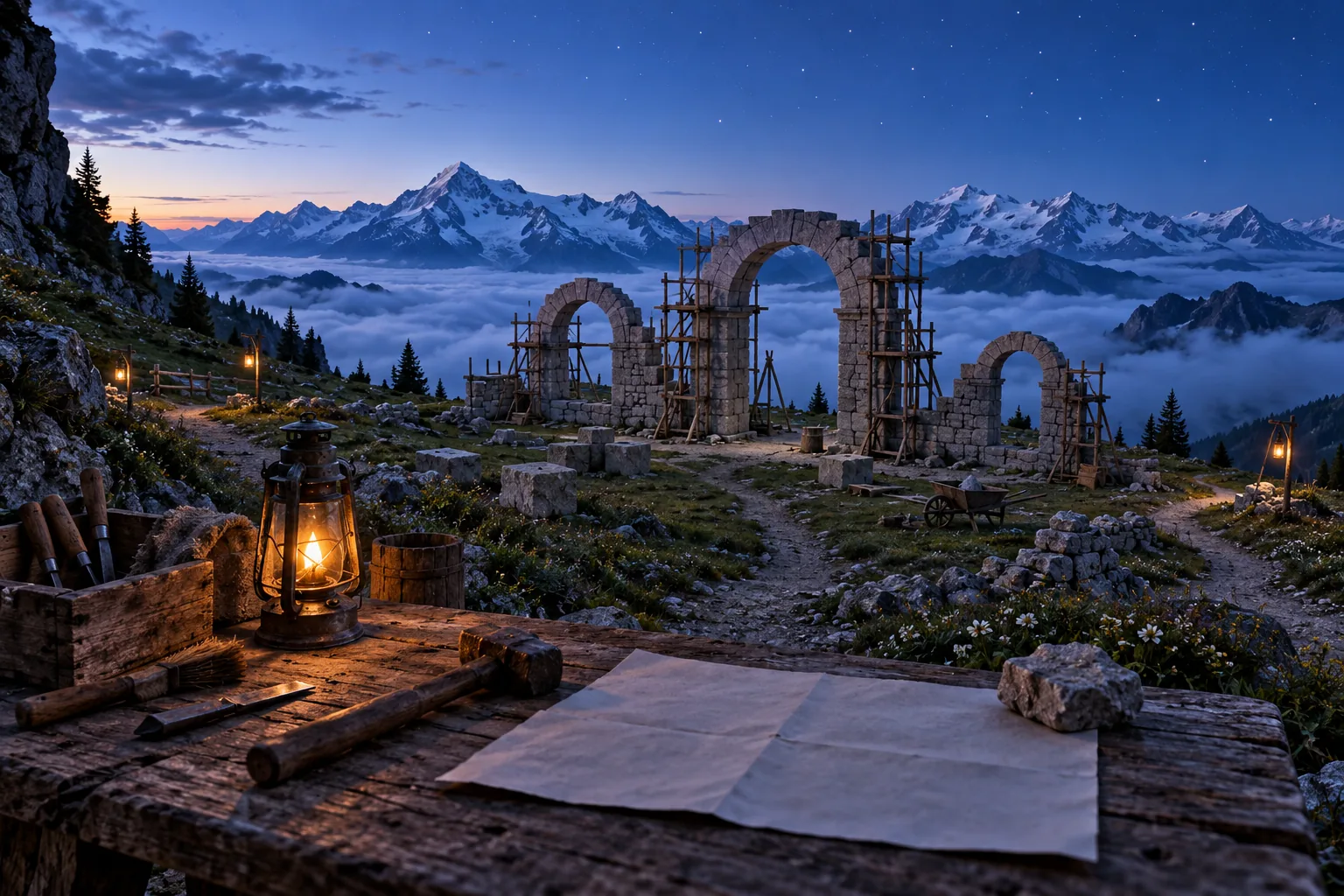 A wooden workbench with a lit lantern, hand tools and a blank sheet held down by a stone; beyond it, three unfinished stone arches in wooden scaffolding, paths leading to them, and snowy summits over a sea of clouds at dusk
