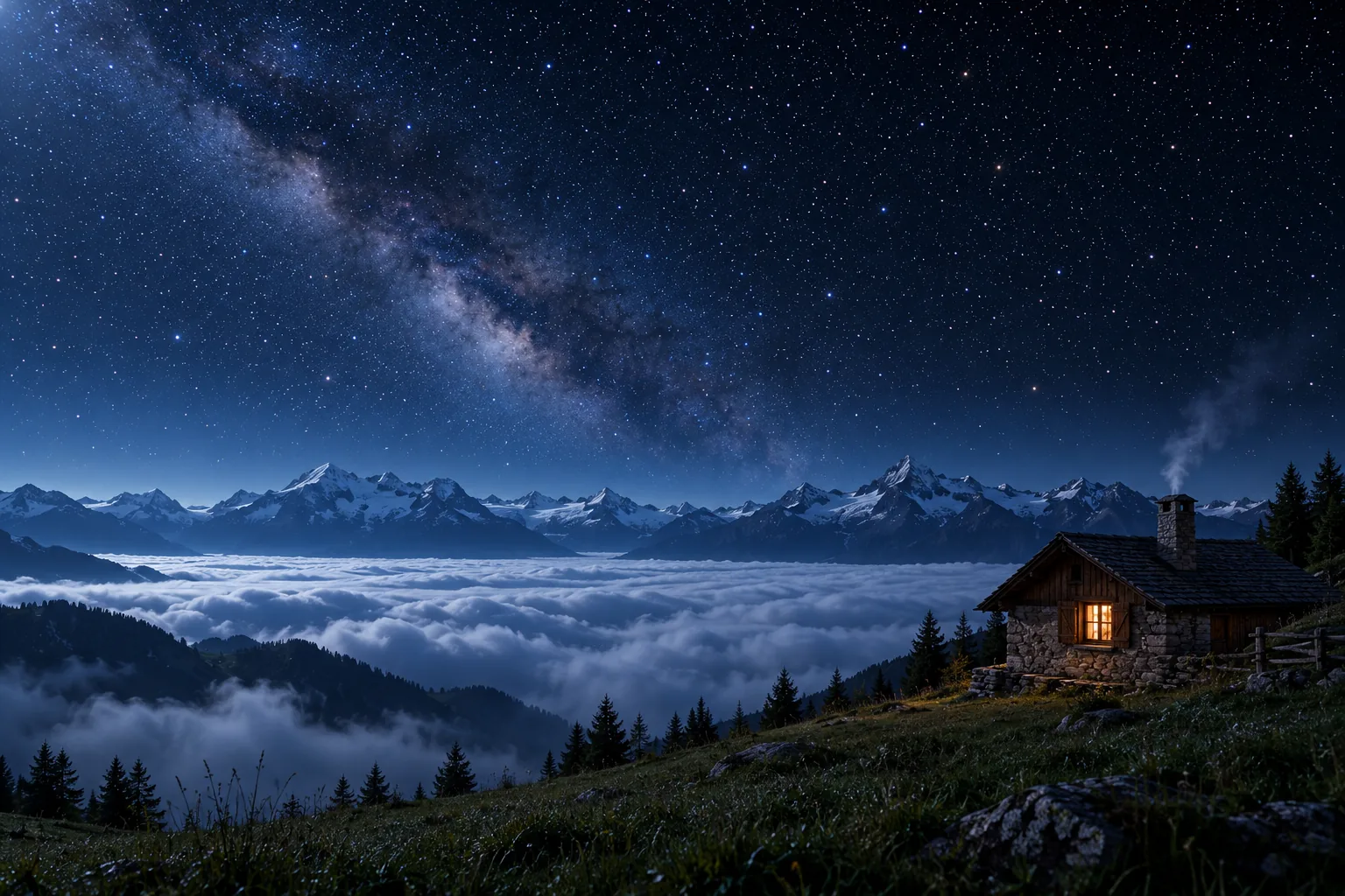 A small stone and wood house with one lit window and a thread of chimney smoke on a grassy slope at night, above a sea of clouds, snowy summits and a vast sky of stars with the Milky Way