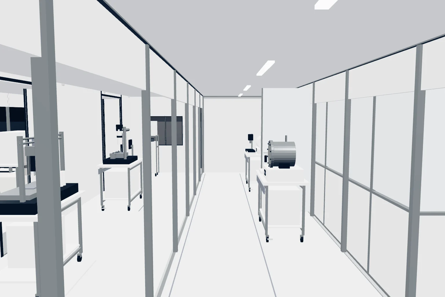 Walking inside at eye height: a bright white corridor between glass partitions, machines on carts on each side