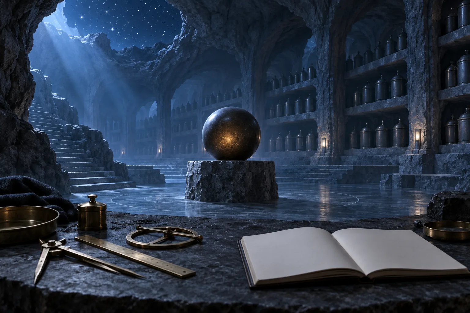 A hall carved into the rock at night: brass measuring tools and an open blank notebook on a stone workbench, a dark sphere with a faint amber glow on a stone pedestal, shelves of closed metal jars fading into blue light
