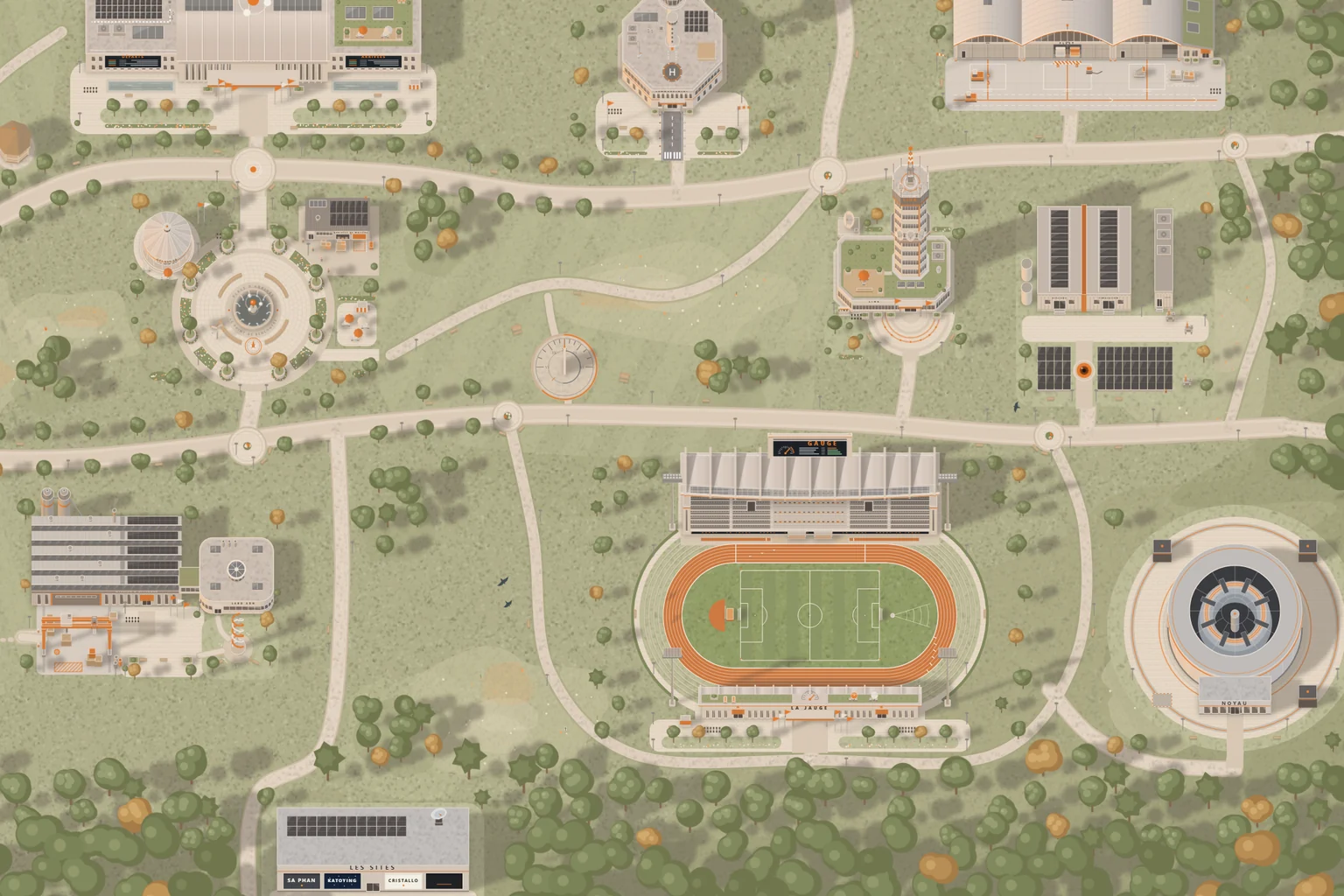 The same open campus closer, in the late afternoon: buildings with their own shapes, a round dome, a stadium, trees in autumn, long shadows