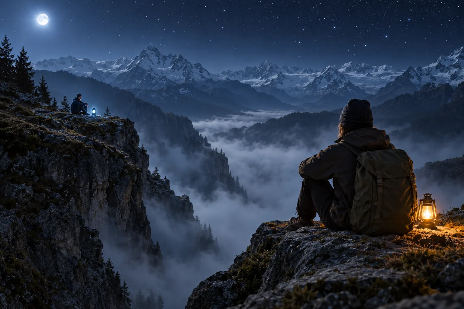 Two travellers sit on either side of a misty gorge at night, each beside a small lantern, one amber, one blue, with no bridge between them; snowy summits and the moon beyond