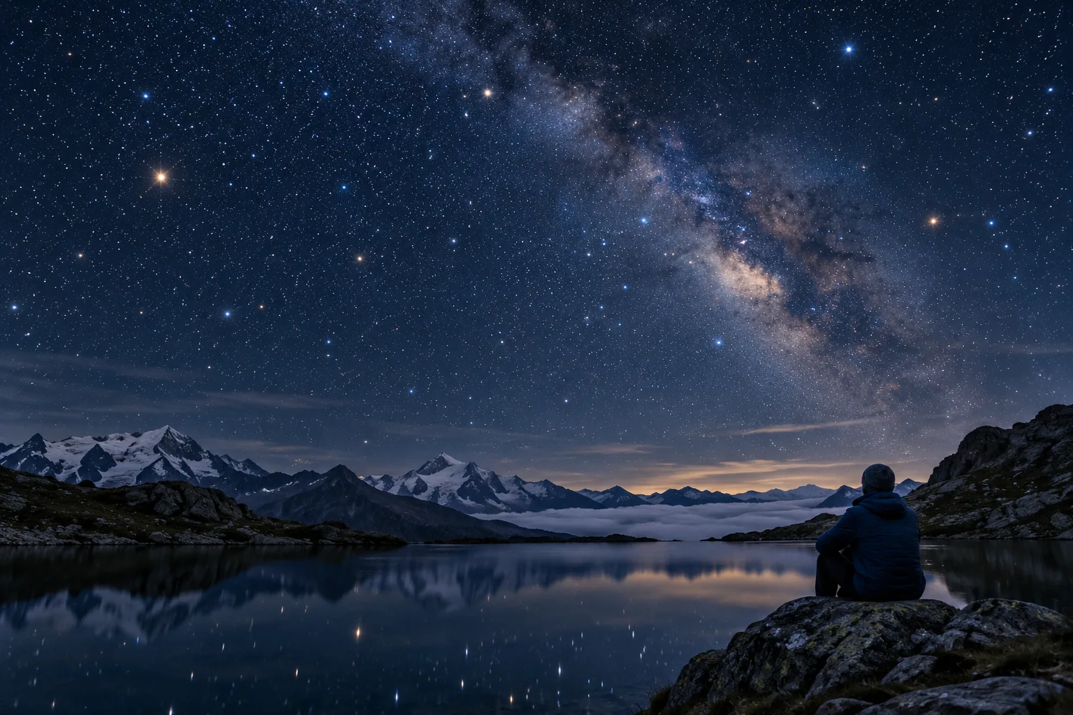 A person seen from behind sits on a rock by a still mountain lake at night, looking up at the stars and the Milky Way