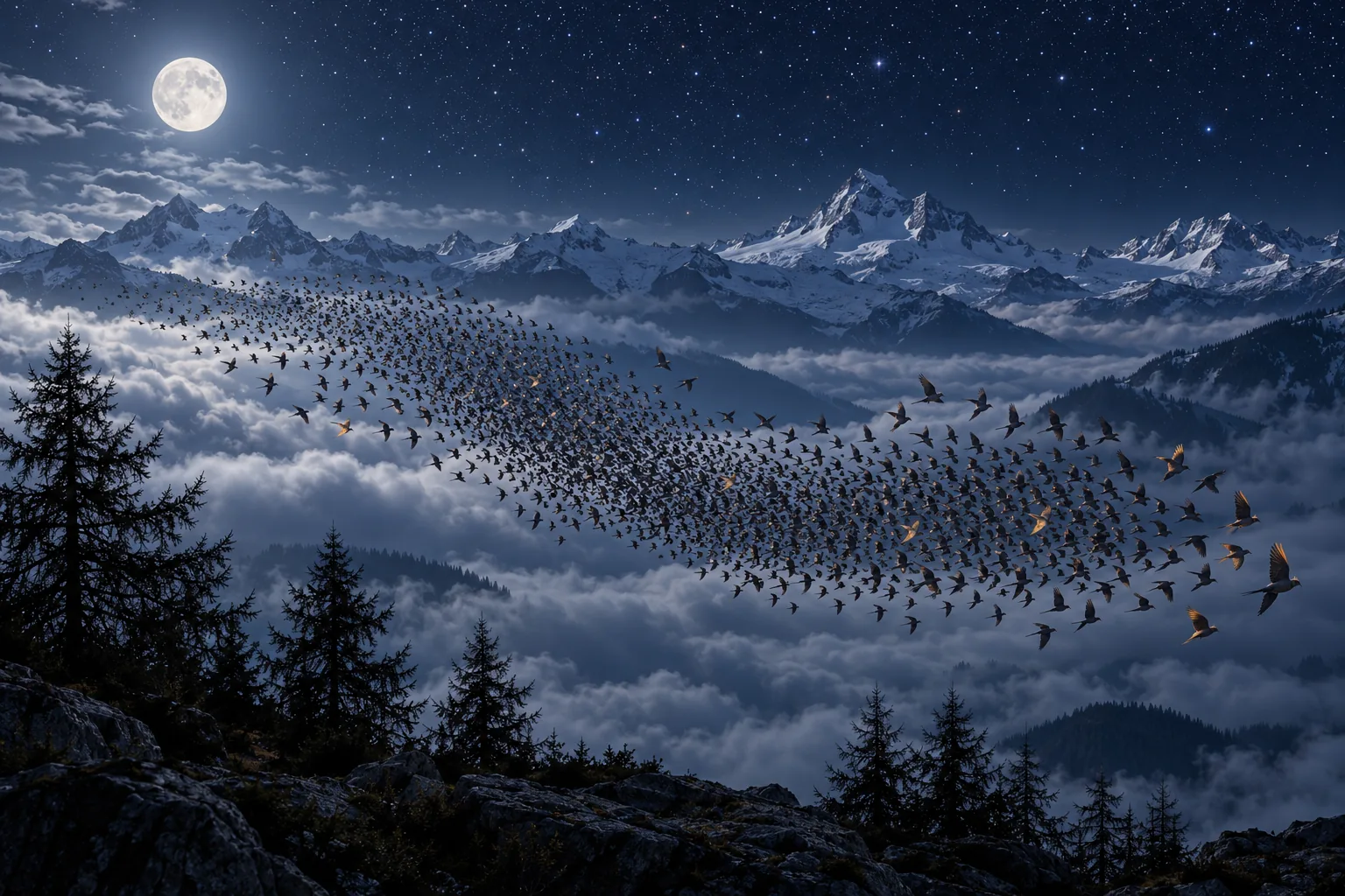 A great flock of small birds sweeps as one across a valley of clouds under the full moon, a few catching an amber glint; dark larches and rocks in front, snowy summits behind