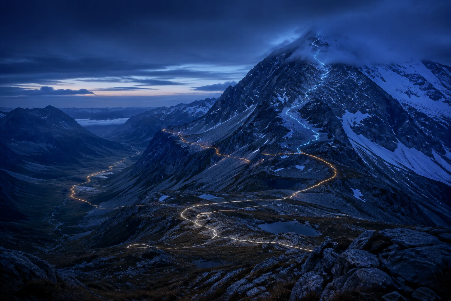 Paths climb into cloud, circle back through the foothills and go around the same mountain toward an open valley