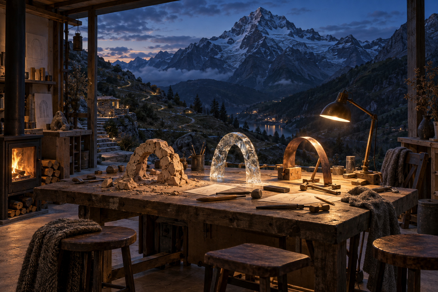 An open workshop, three unfinished arches and paths around an alpine mountain